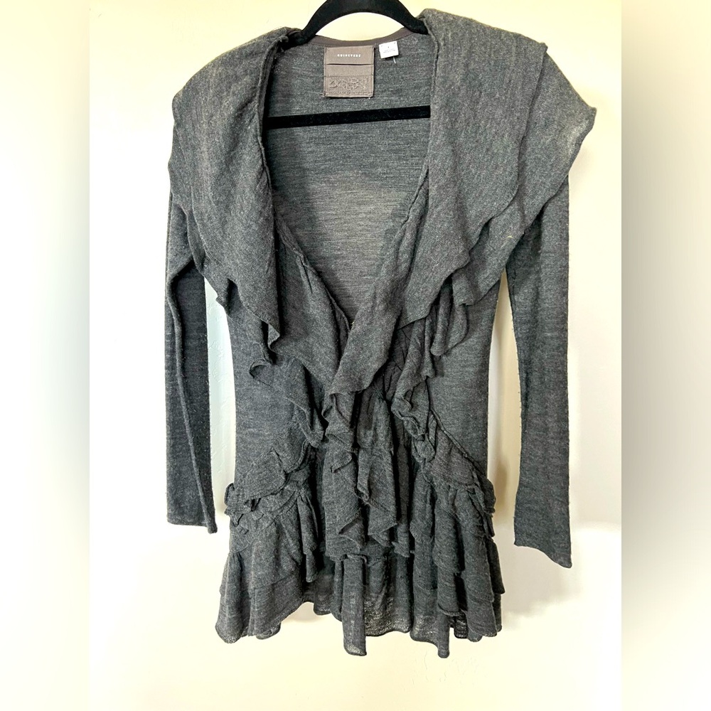 Darling grey ruffled cardigan sweater. Guinevere brand